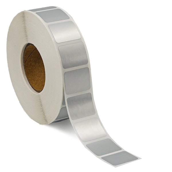 Silver polyester etiketter, på rulle, 24x19 mm